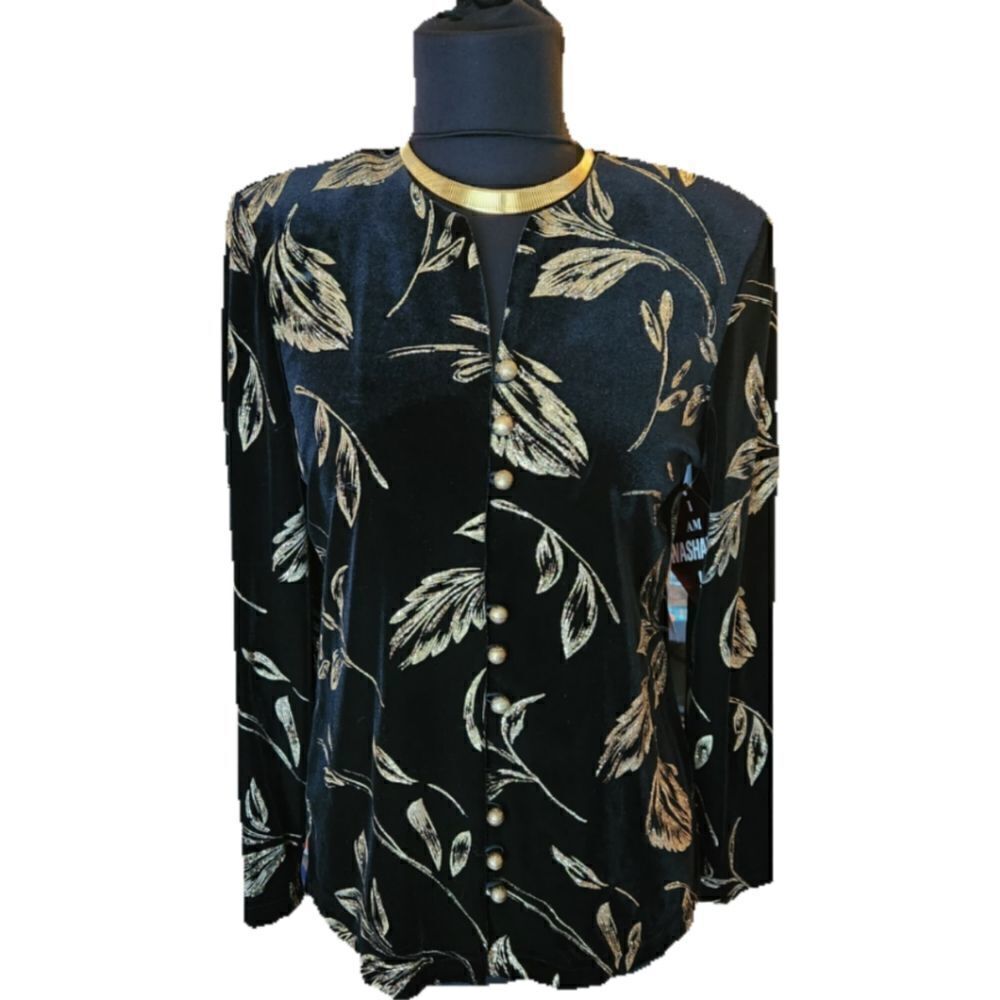 R and K Originals Black Velvet Button Front Top Size 8P